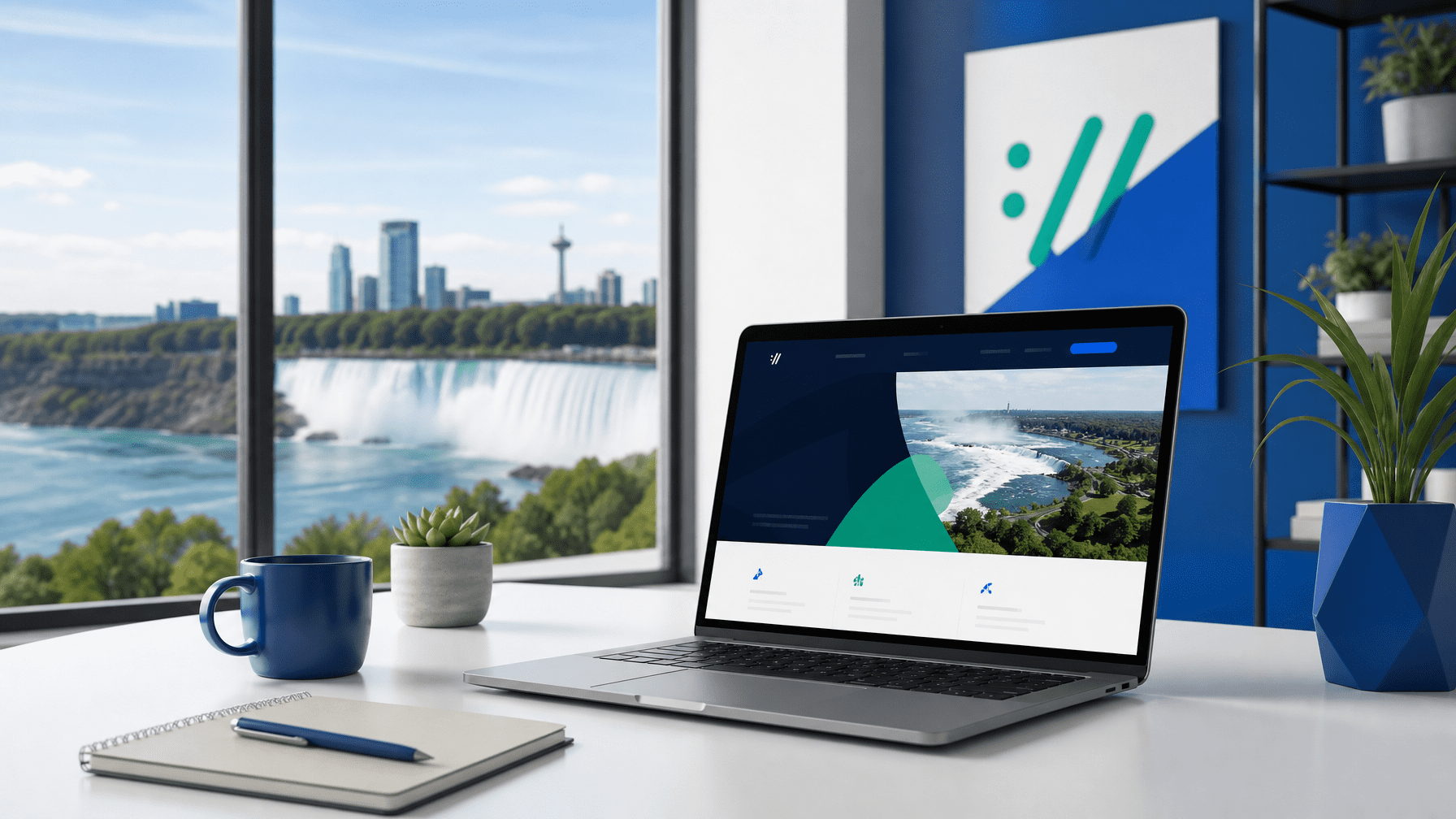 Custom website design for Niagara businesses shown on a laptop in a modern Canadian office