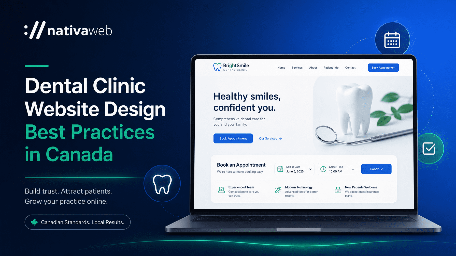 Dental clinic website design best practices in Canada — laptop showing a modern dental booking interface