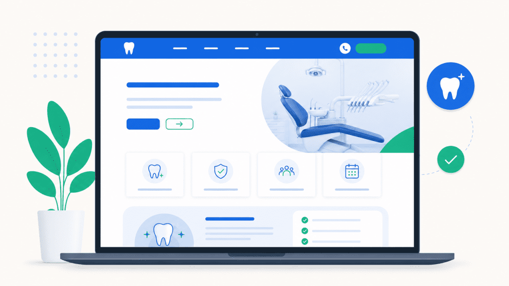 A laptop displaying a clean dental clinic website with blue and green brand colors, illustrating best practices for dental clinic website design in Canada
