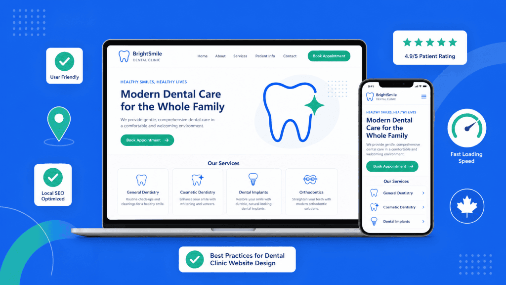 Dental clinic website design best practices in Canada. Laptop and mobile mockup with booking button